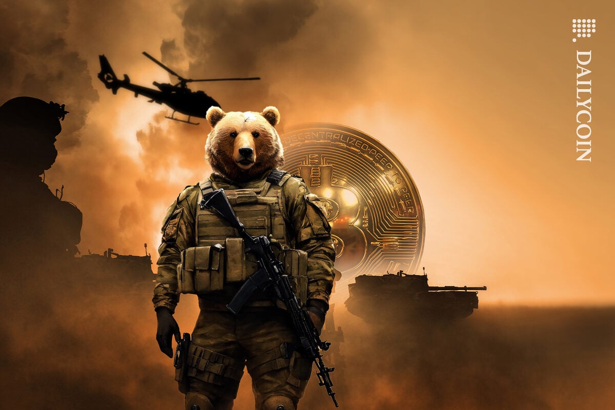 Bear dressed as a soldier in the war zone as bitcoin fades in the background.
