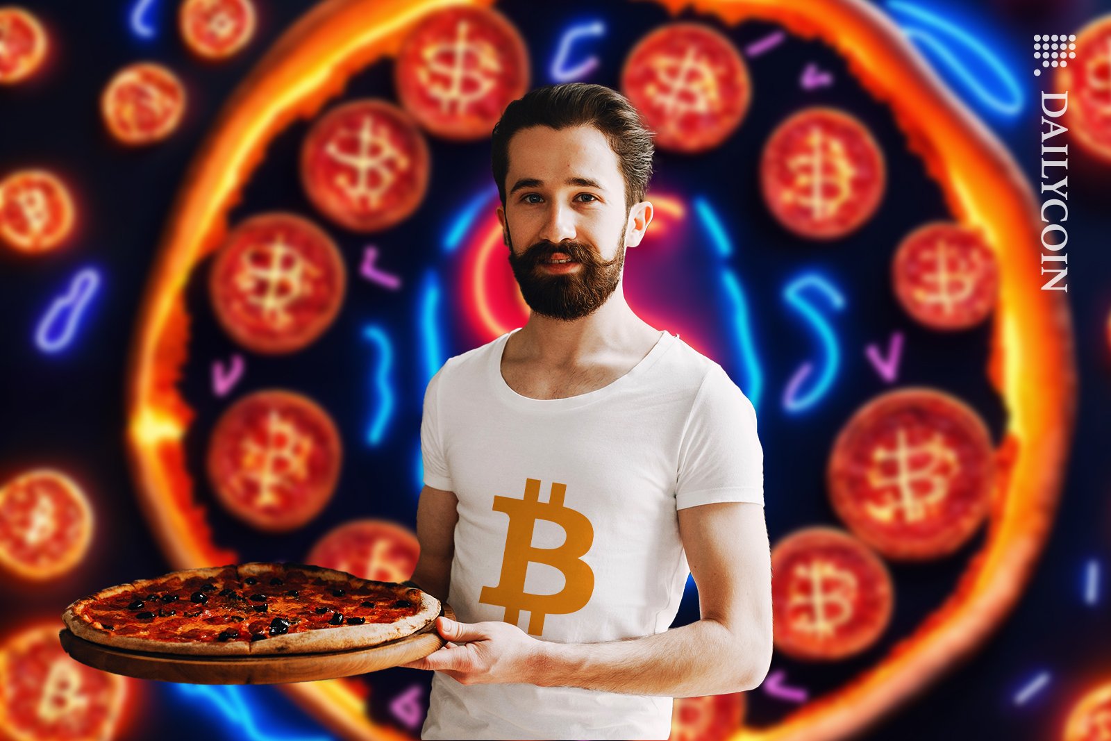 Guy with a pizza, wearing a bitcoin t-shirt.