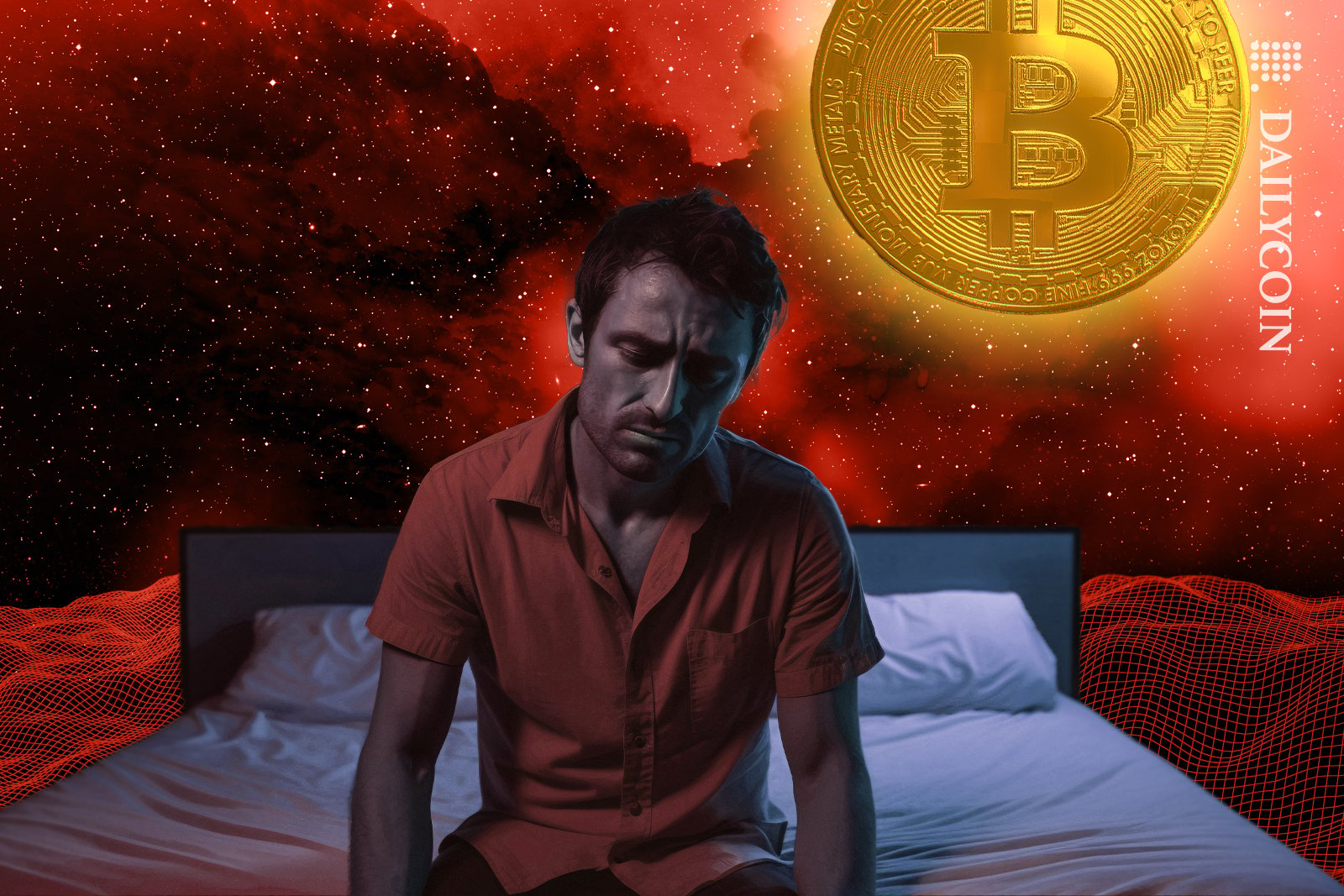 Guy sitting on the bed dissapointed with the bitcoin.