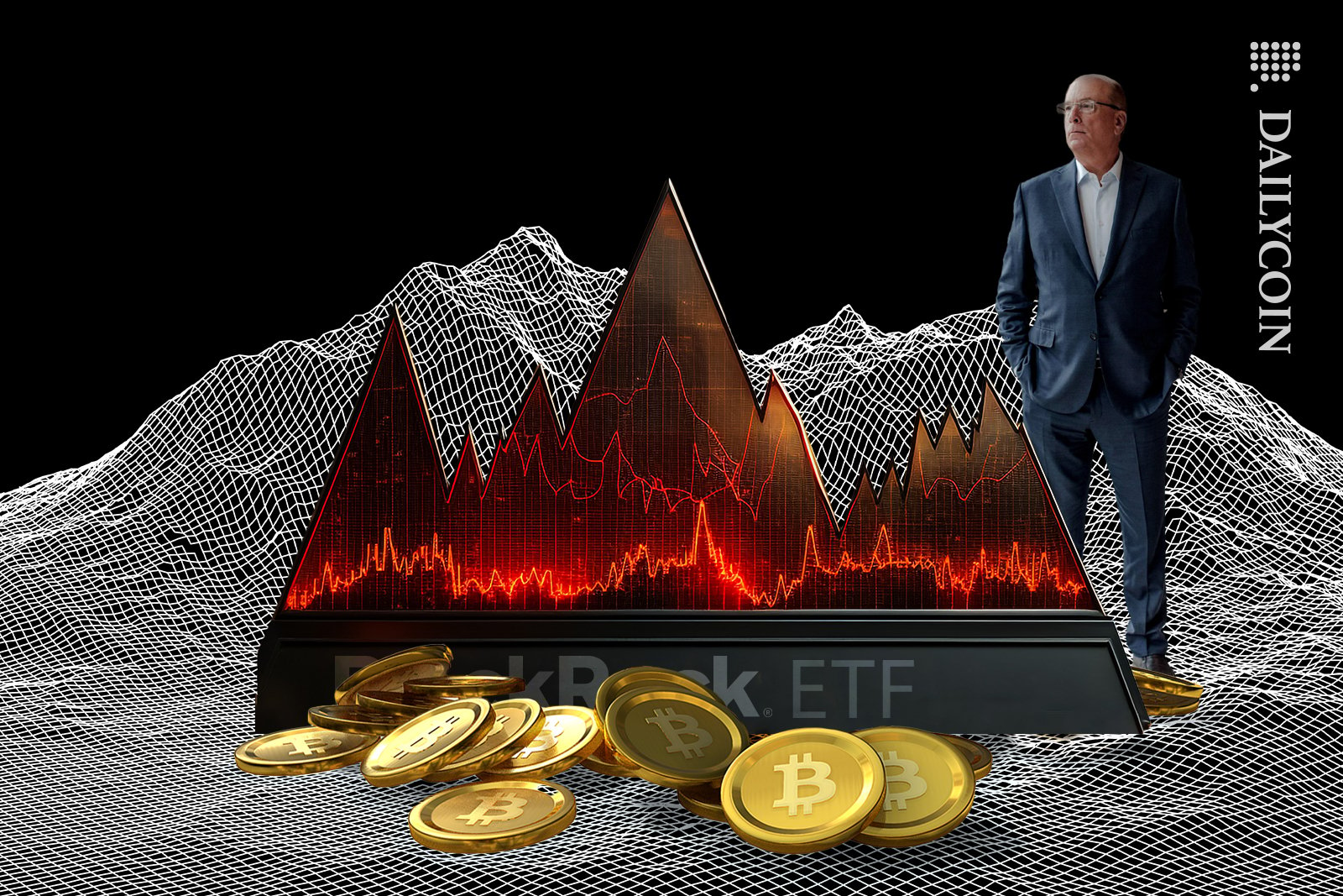 Larry Fink standing next to Black rocks Bitcoin ETF chart.