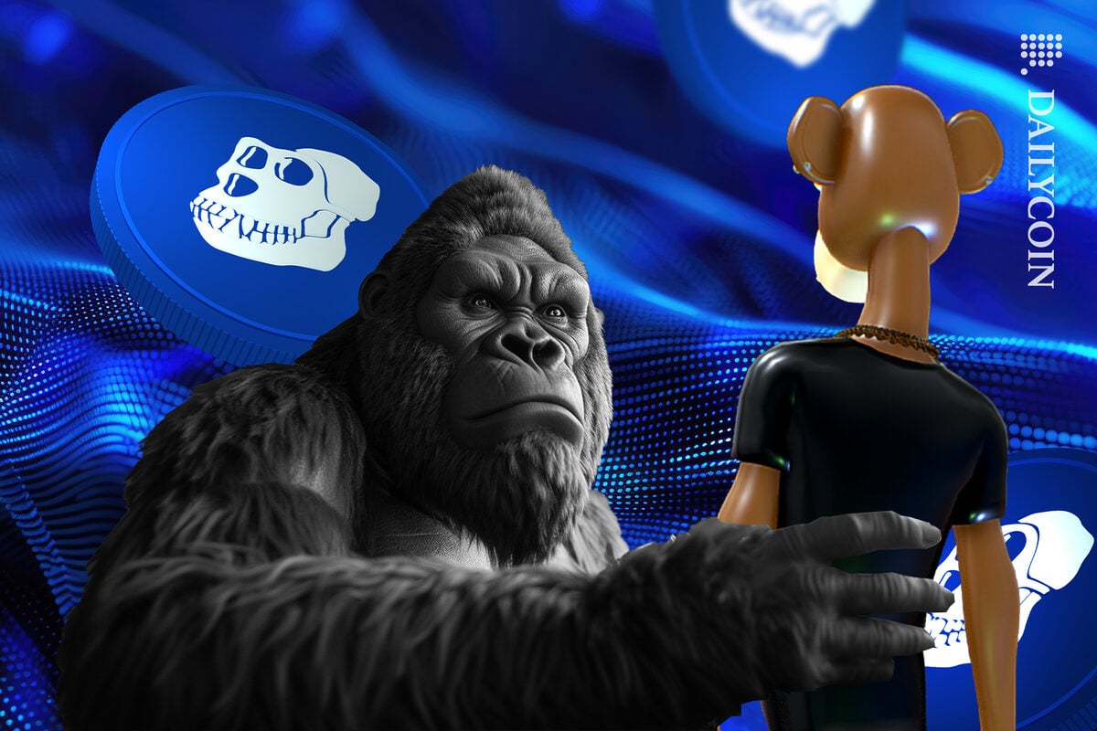 A gorilla boss not happy with the bored ape and his coins.