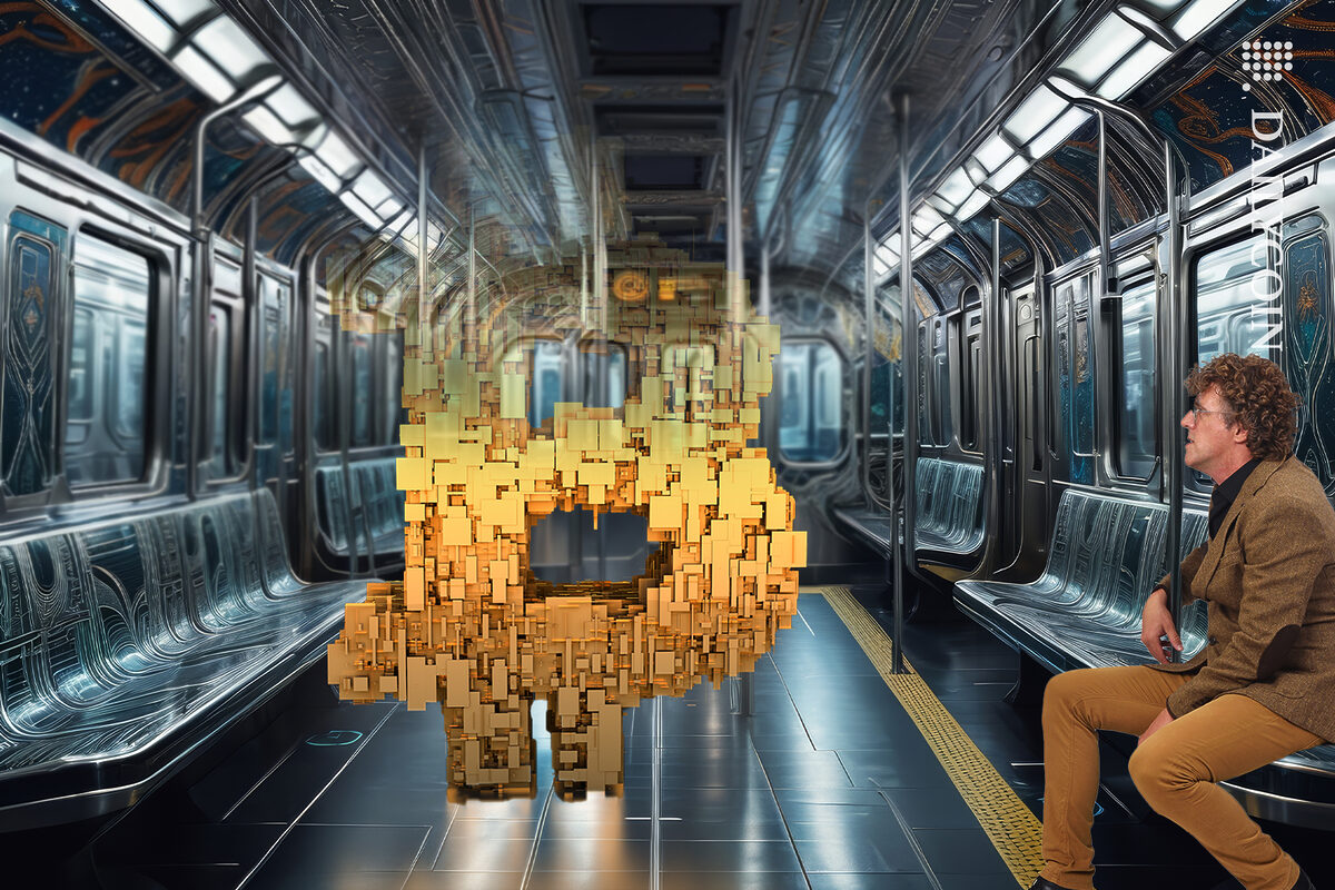 Guy sitting alone on a digital train watching bitcoin fade away in half.