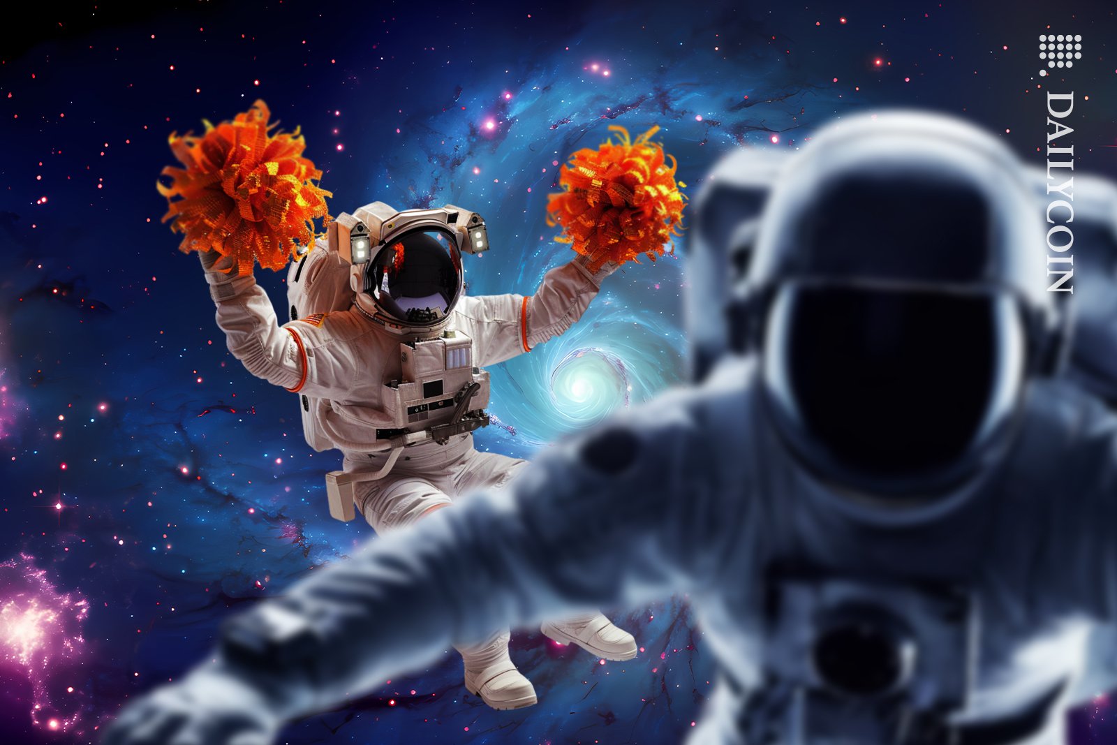 Space man taking a selfie with his collegue celebrating in the milky way.