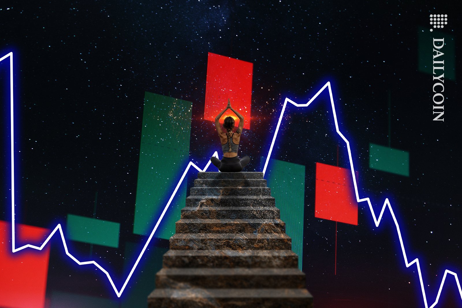 Woman on the stairs looking onto a digital price chart.