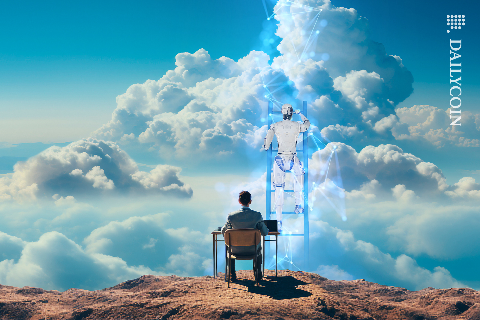 Guy with a computer on top of a cliff watching a robot climb a blockchain ladder.