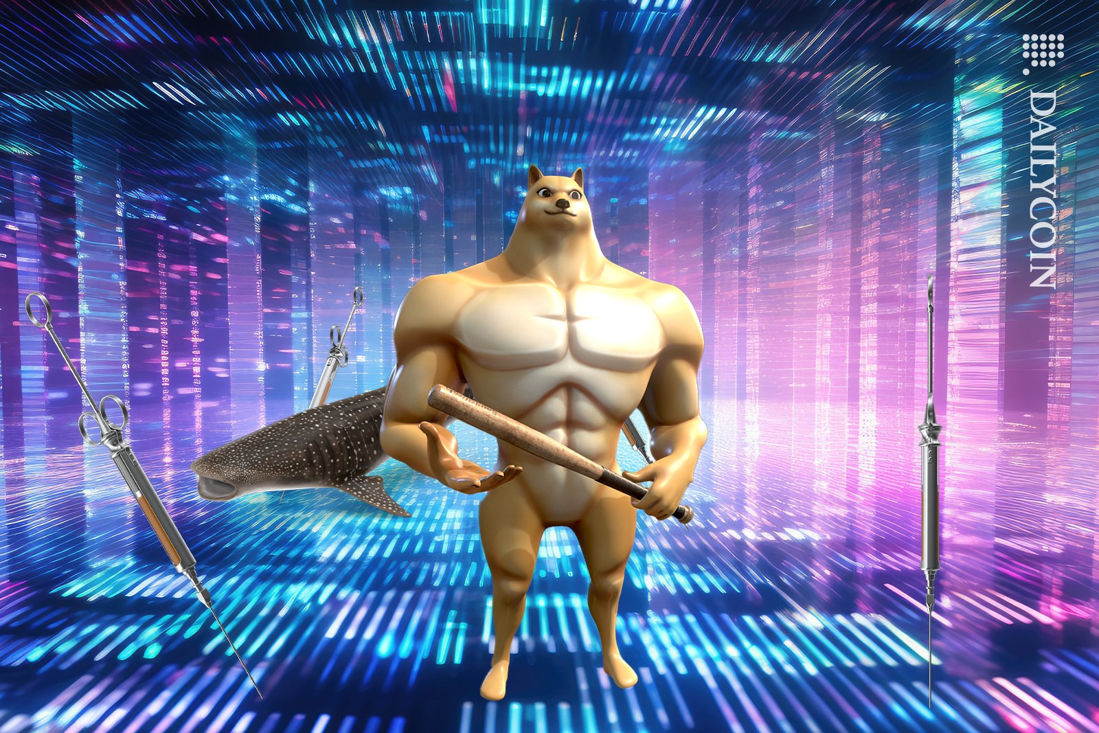 Doge ready to fight, whales surrounded with syringe's on digital land.