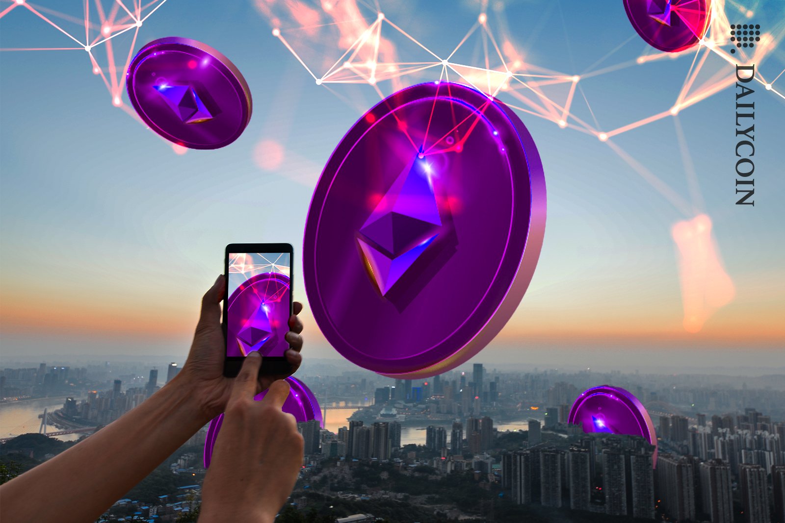 Ethereum coins dominating a city, hand is talking a picture of it.