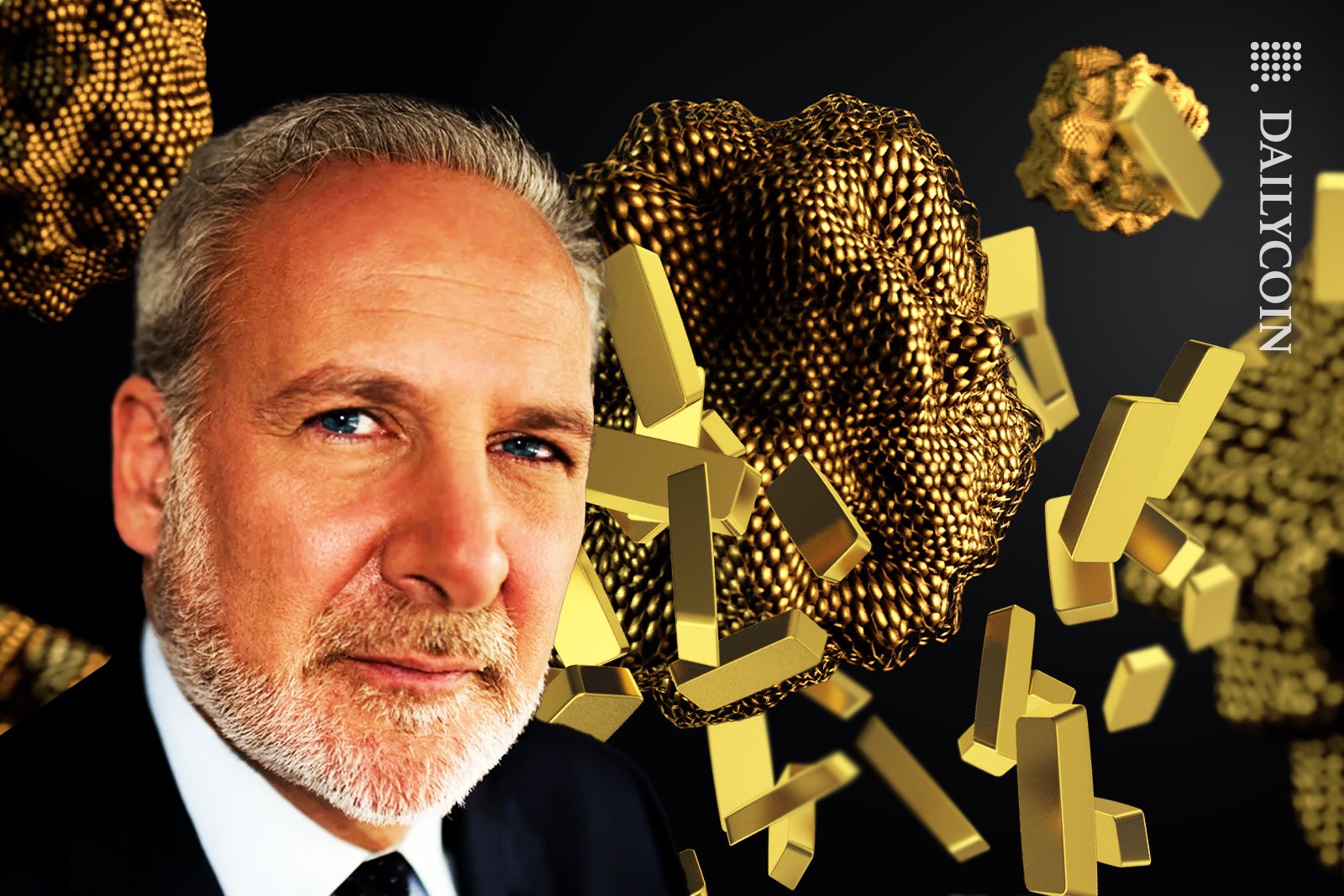 Gold Bars hitting digital fragments in the air. Peter Schiff is looking to discuss this.