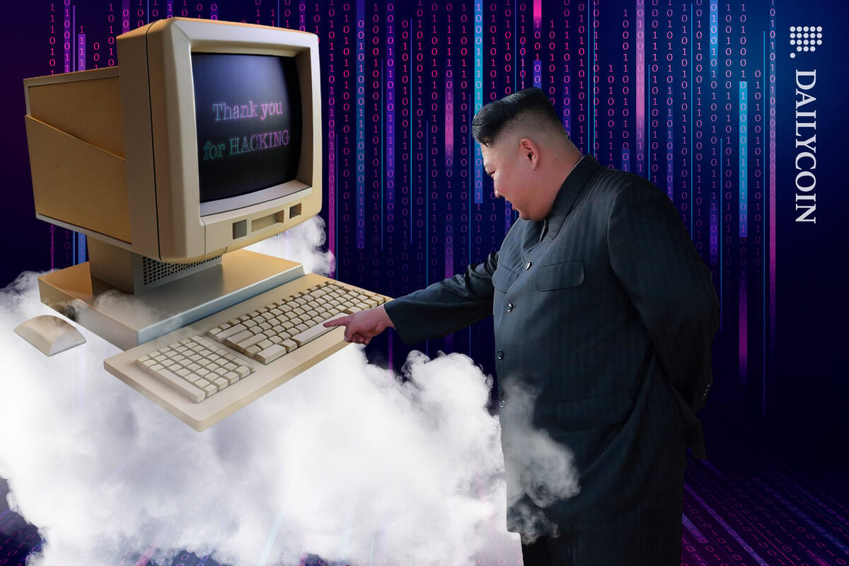 Kim Jong Un pressing the space bar on an old computer that says ' thank you for hacking'.