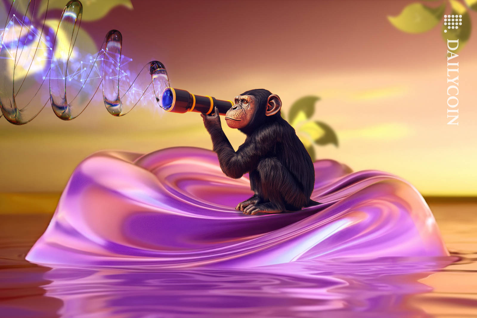 Monkey with a telescope looking at blockchain waves, on an digital island on water, with Hong Kong flag elements flying around.
