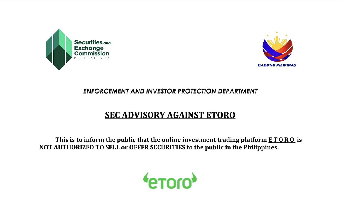 A screengrab of the SEC’s disclaimer against eToro.