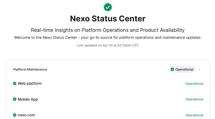 Nexo crypto exchange Service Center feature.