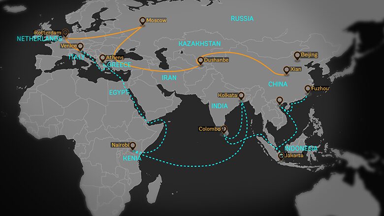 Map of the Belt and Road Initiative.