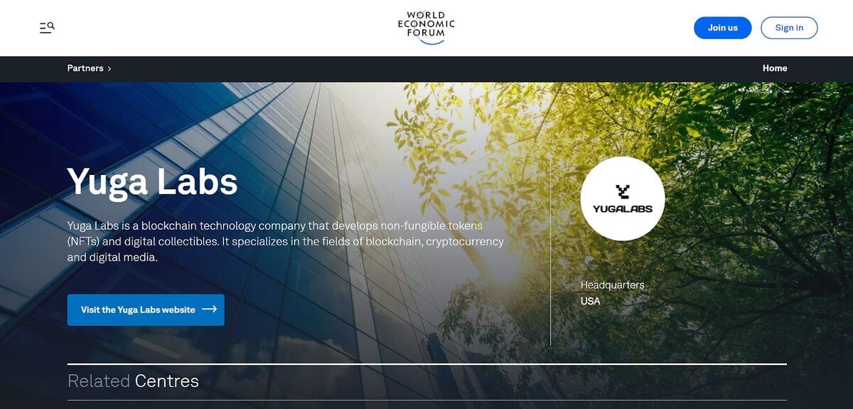 Screenshot of Yuga Labs’ WEF partnership page.