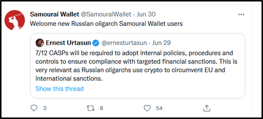Image showing the flagged tweet by the DoJ of Samourai Wallet's service promotion to criminals.
