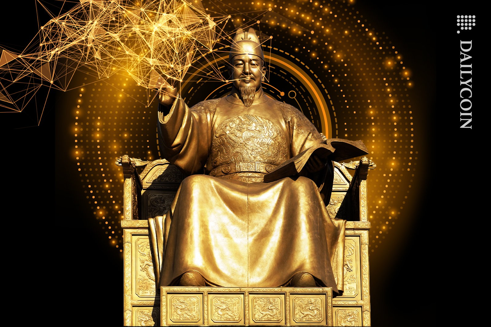 King Sejong the Great gols statue with DEFI connection coming of hand.