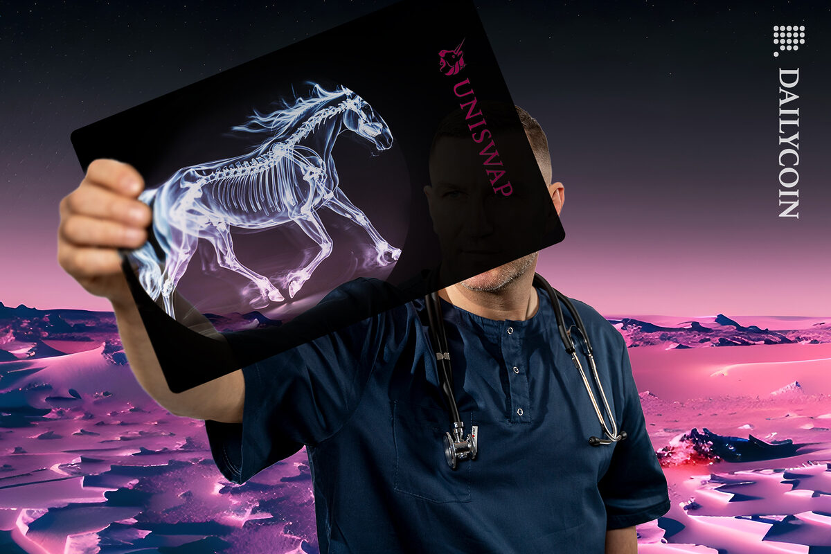 Doctor taking a closer look at an Xray of Uniswap.