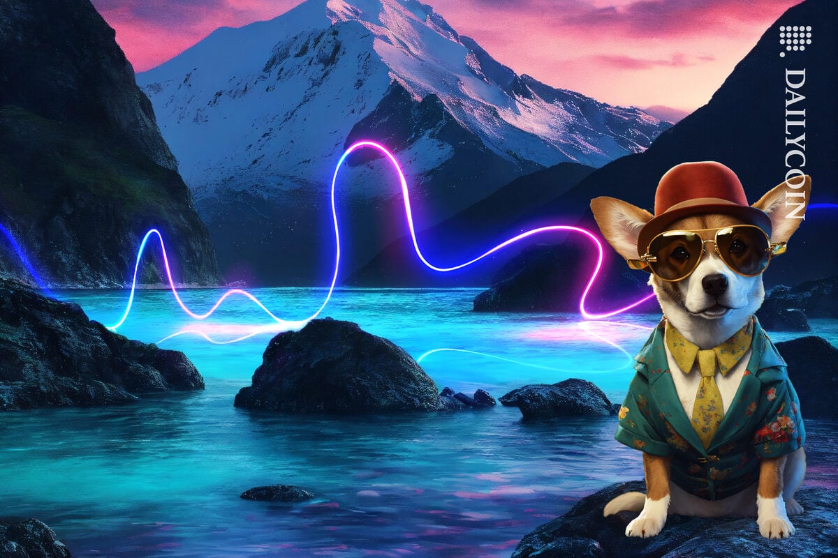 Dog with hat sitting on a lake with his price chart, and mountain peaks are behind him.