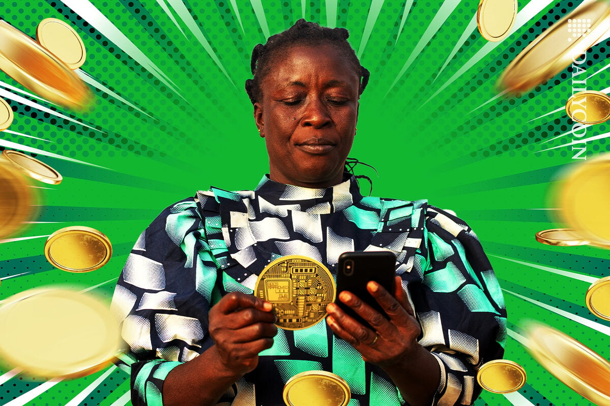 Nigerian lady looking at the crypto coin skeptically.