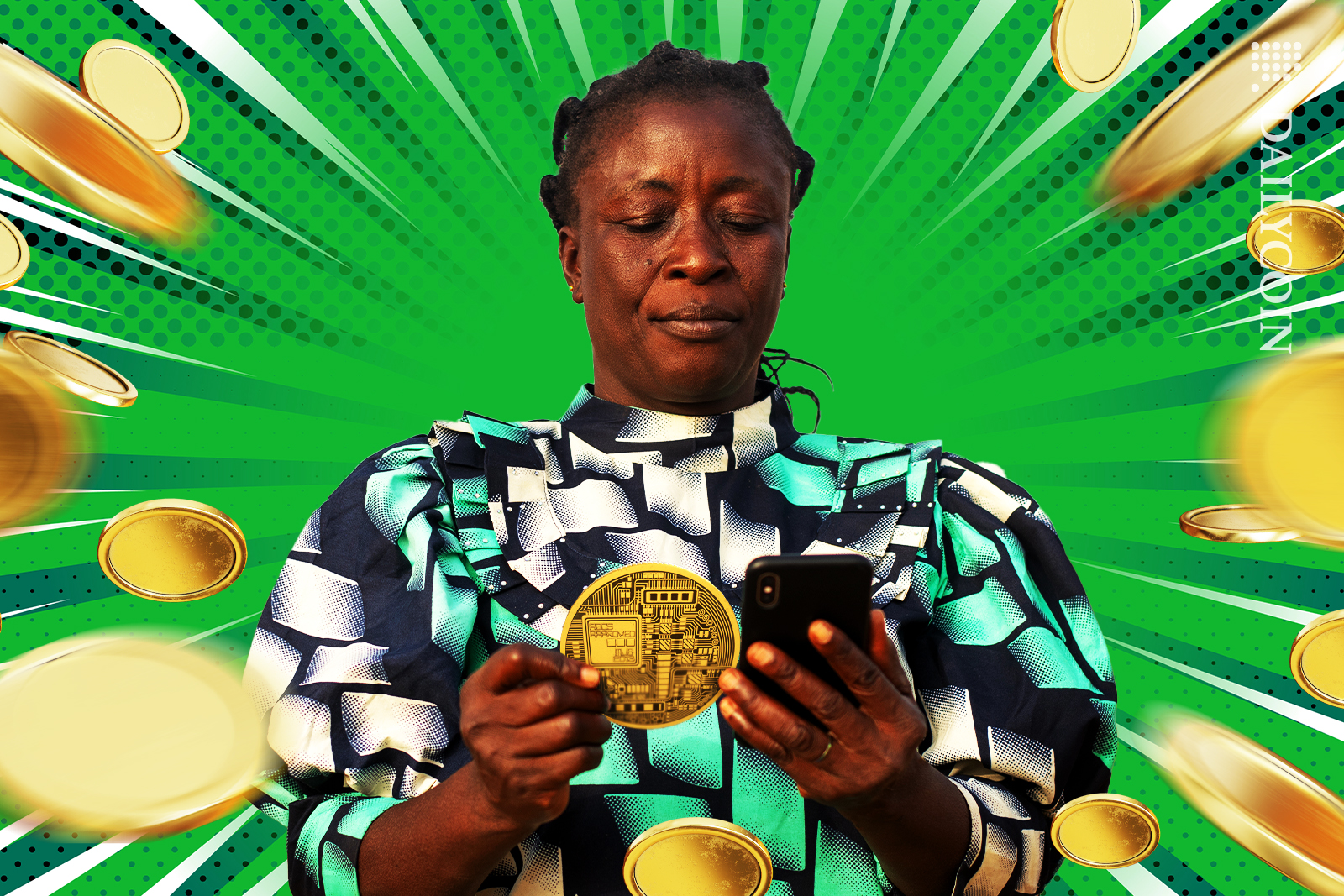 Nigerian lady looking at the crypto coin skeptically.