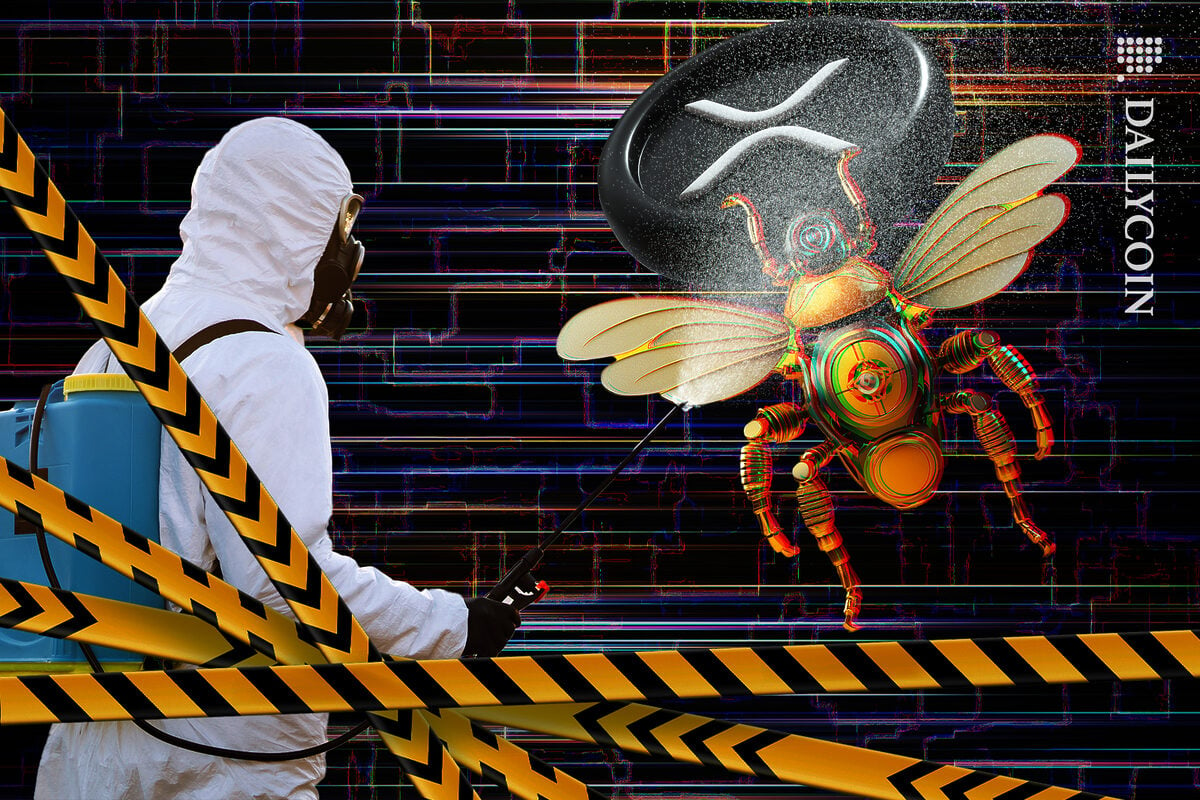 Pest control spraying a digital bug thats trying to take an XRP coin.