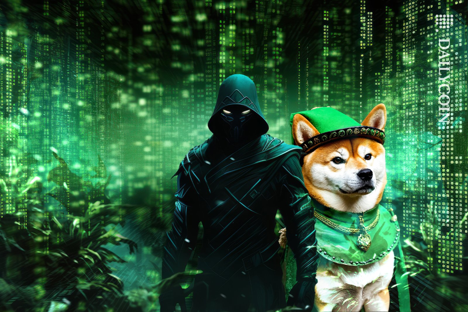 Shiba inu with robin hood in a digital forest.