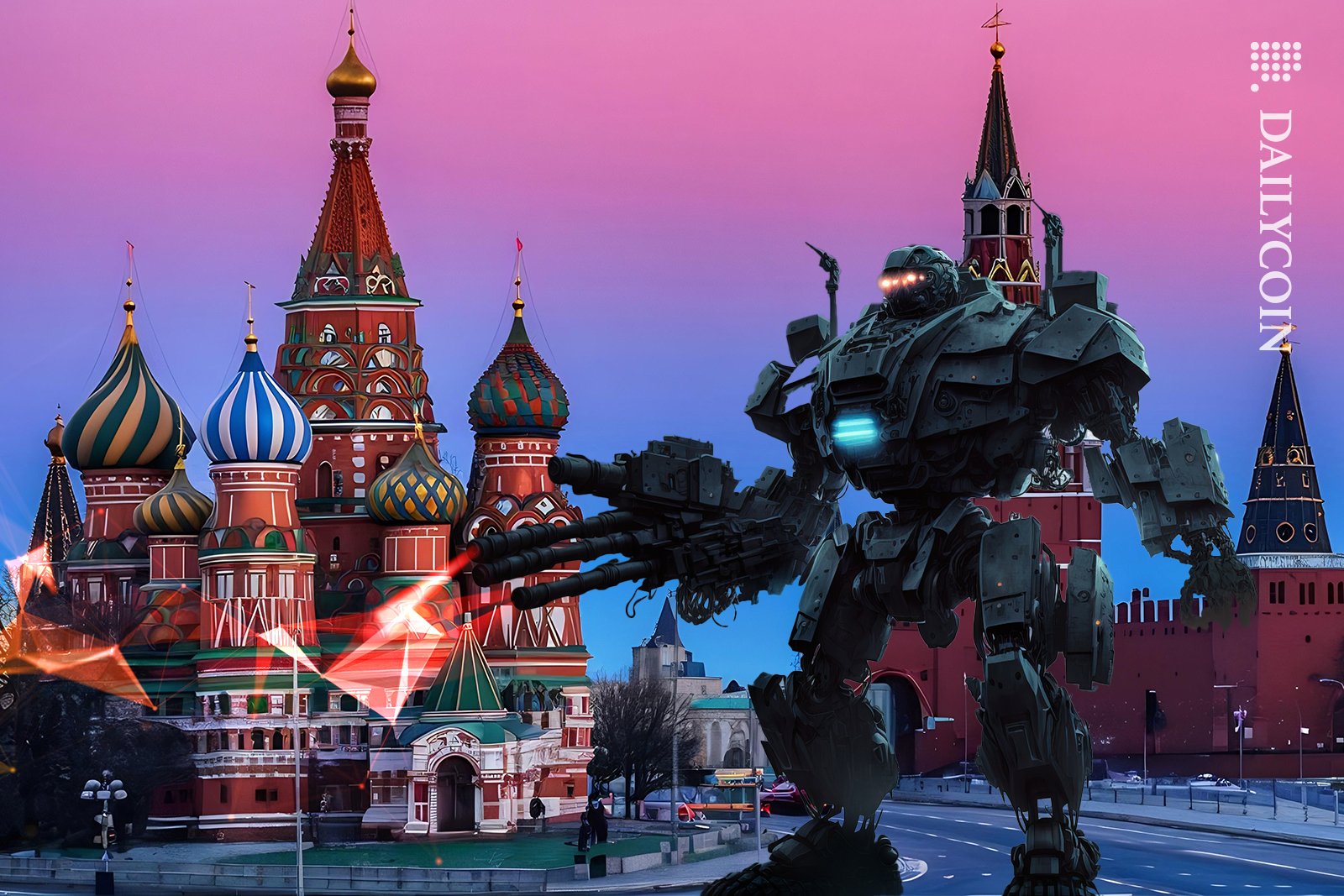 War robot searching for crypto with his defi gun in Russia.