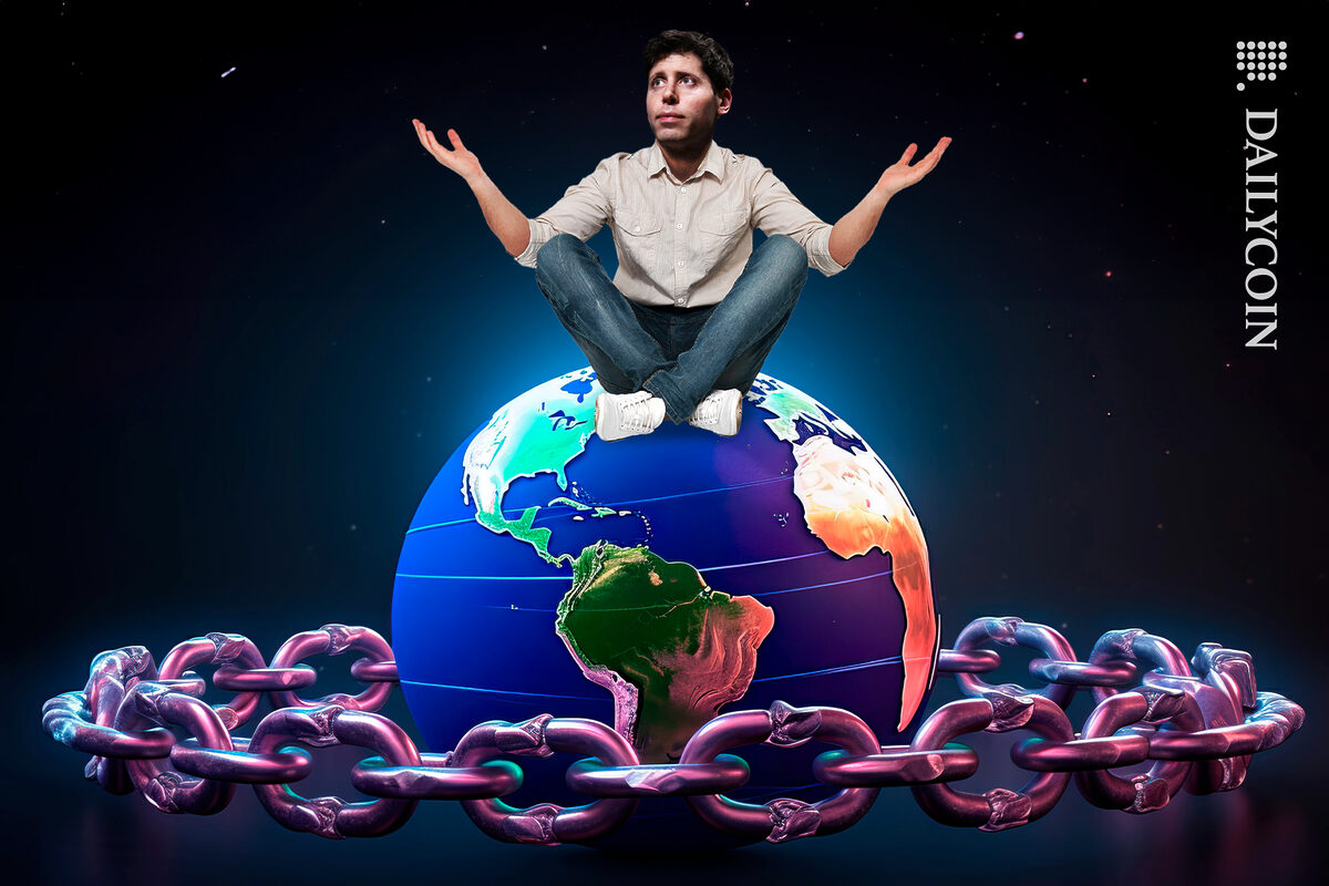 Sam Altman on top of the world which has a chain surrounding it.