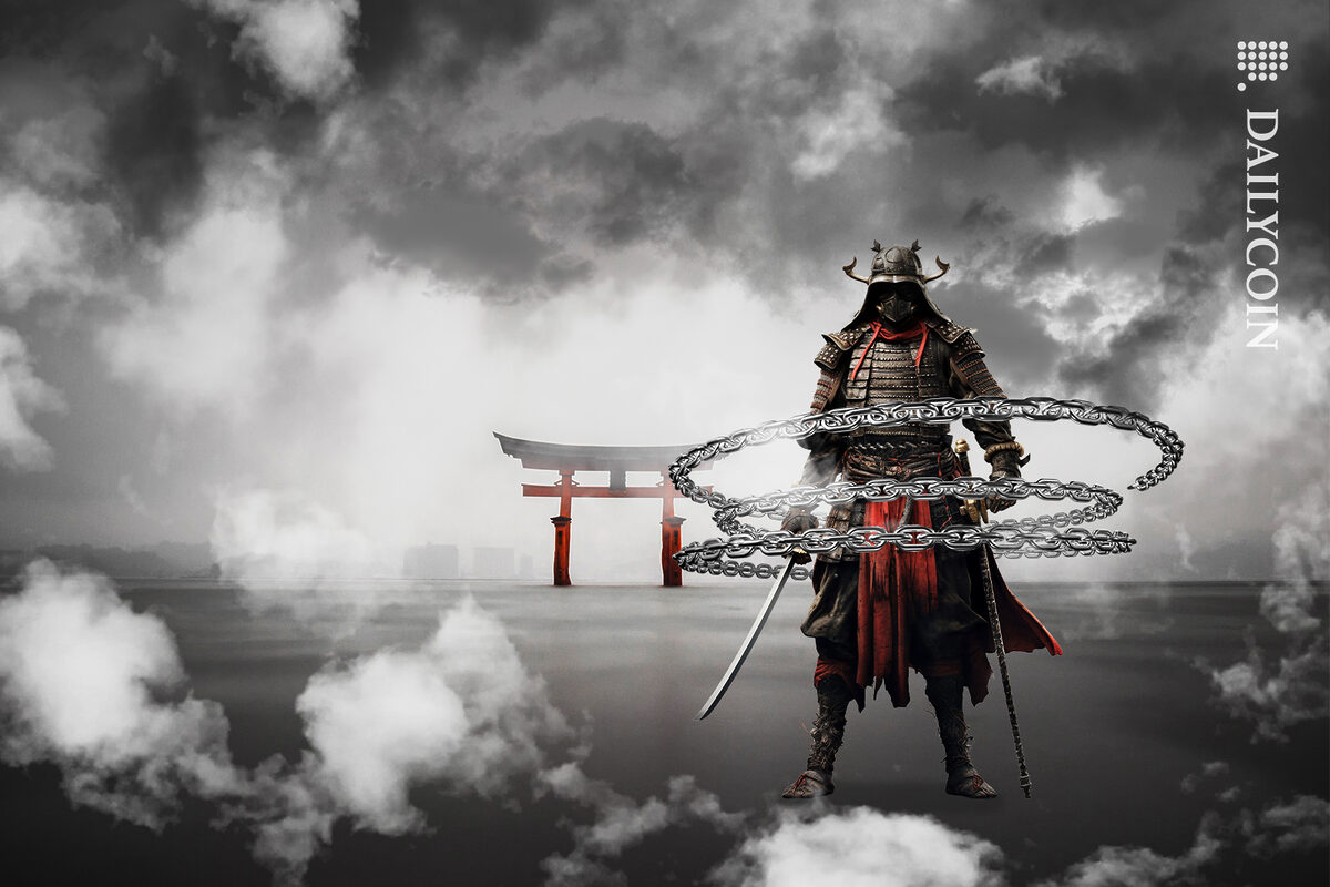 Samurai is getting released from tight chains, clouds are blowing around him.