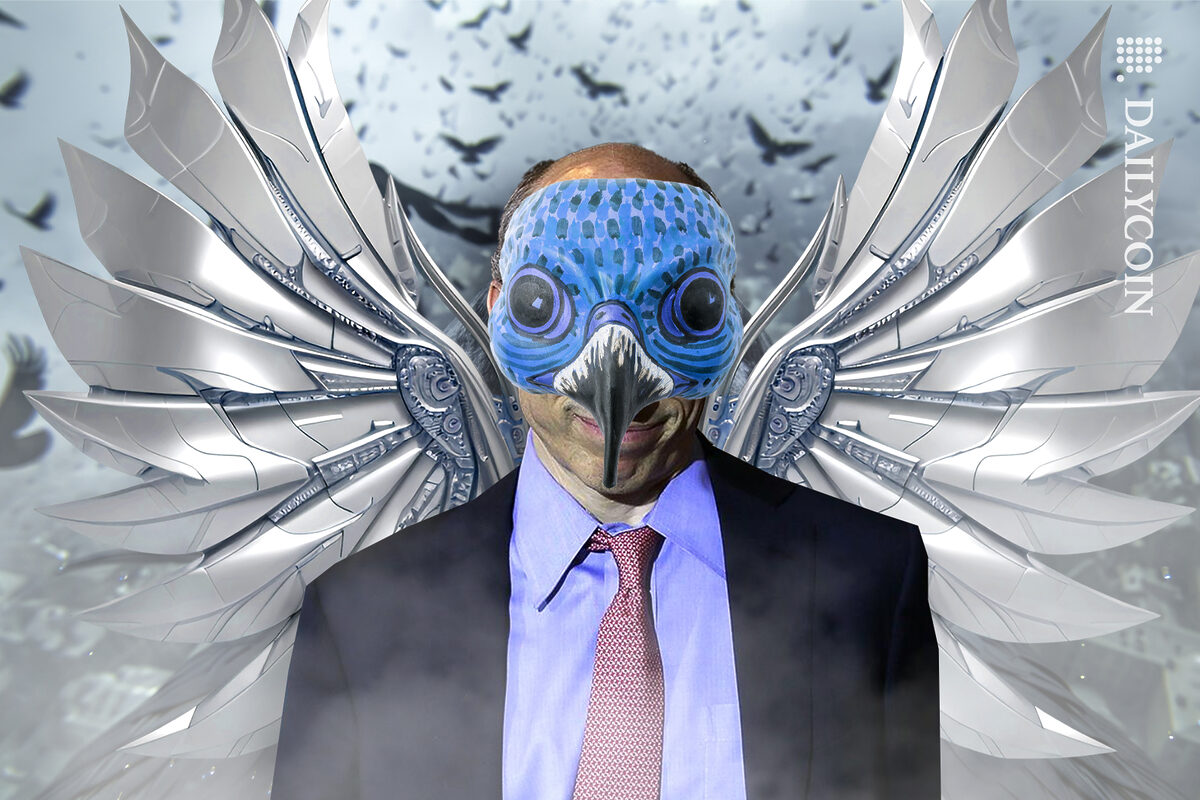 Garry Gensler wearing a hawk mask and wings in a swarm of birds.