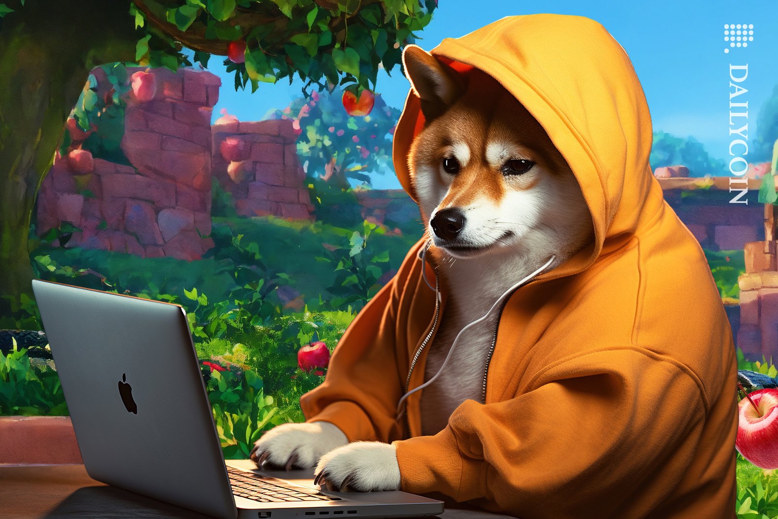Shiba Inu working in the garden of Eden on his mac laptop.