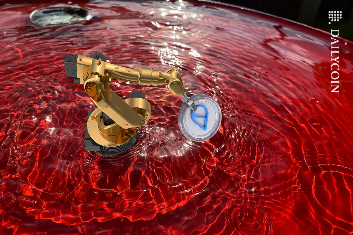 Mechanical arm taking out SUI token out of red water.