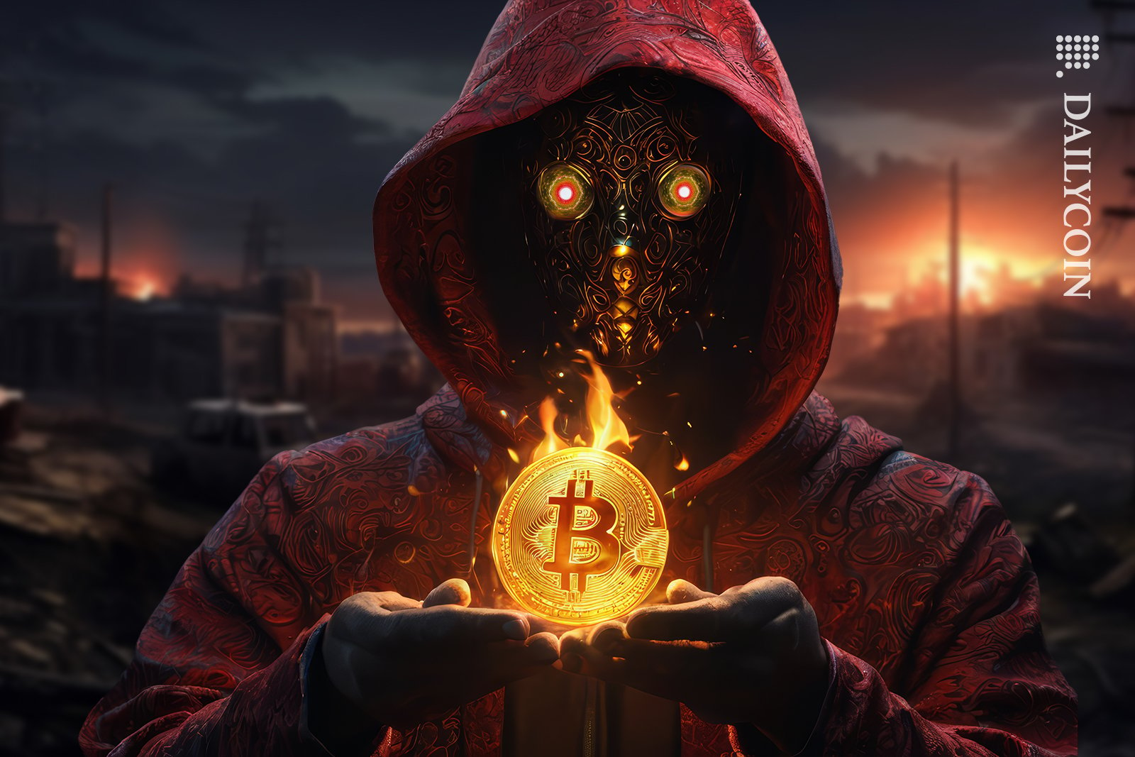 Masked guy holding a bitcoin on fire in a warzone land.