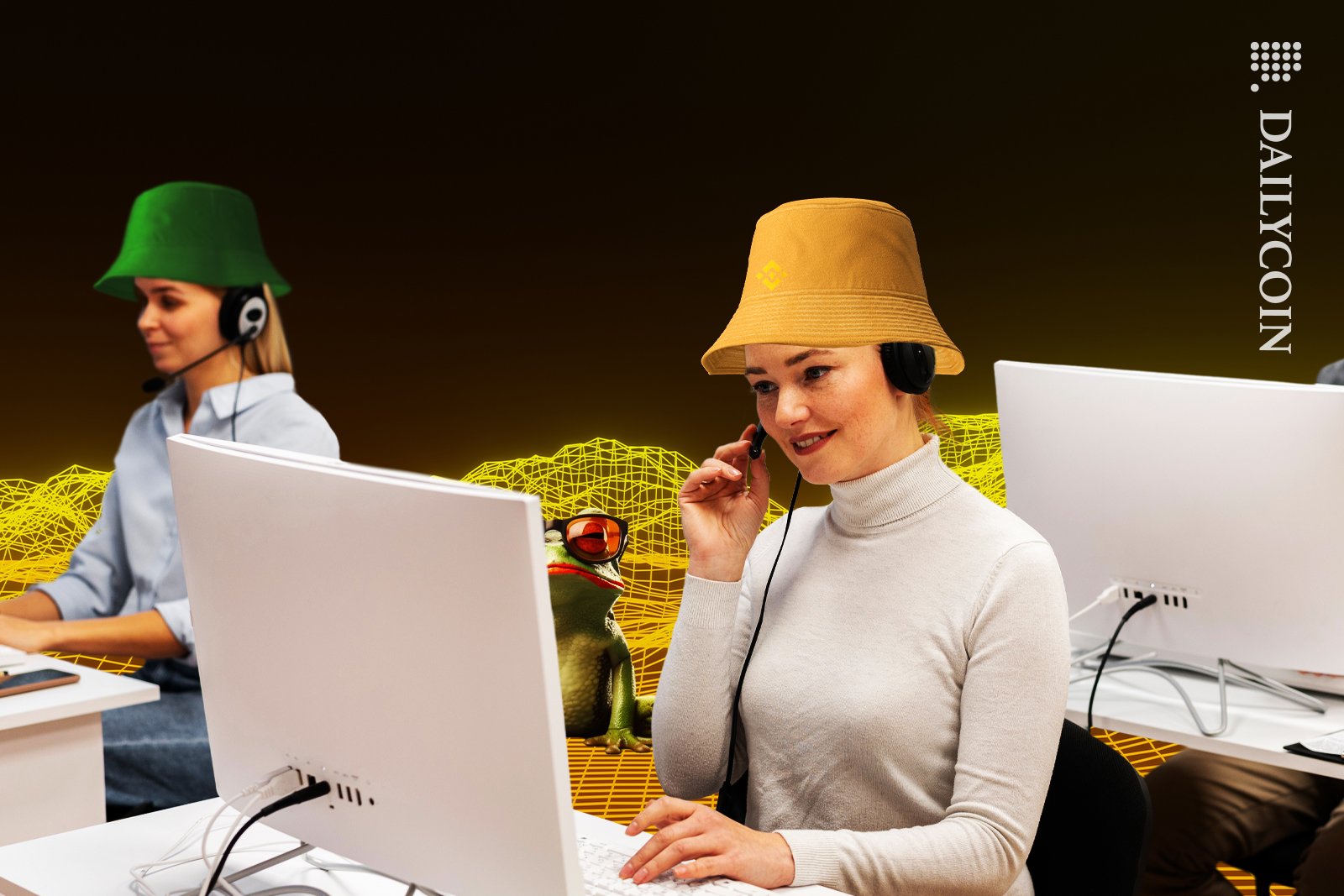 Binance support centre workers wearing hats, and a frog watching over them.