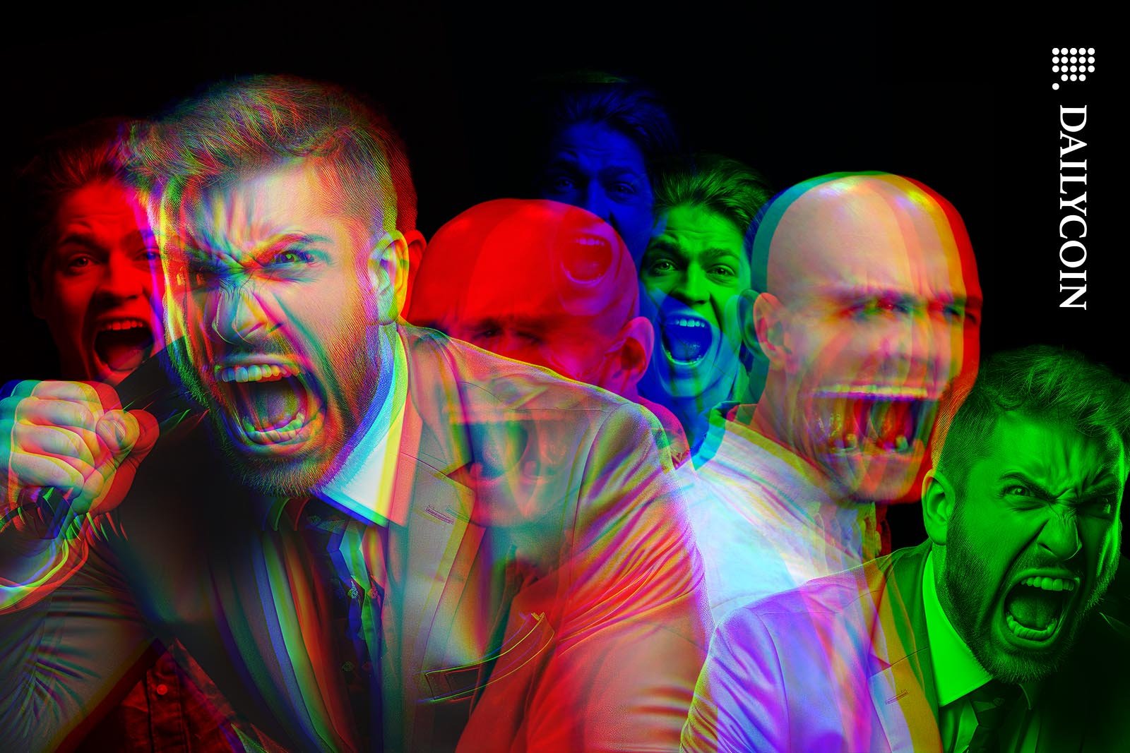 Many angry man shouting in an RGB split composition.