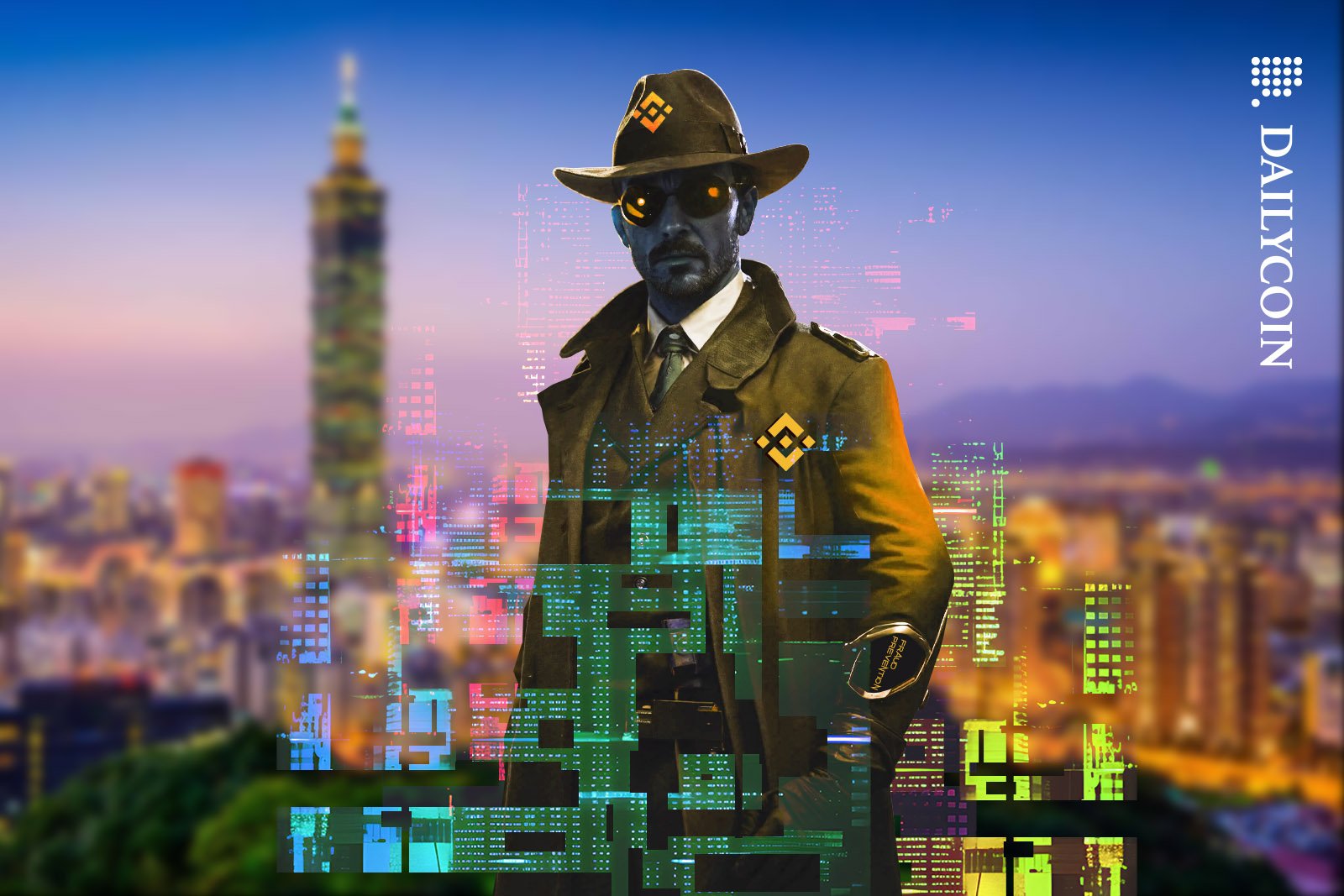 Digital Binance detective posing for the camera infront of a Taiwan skyline.