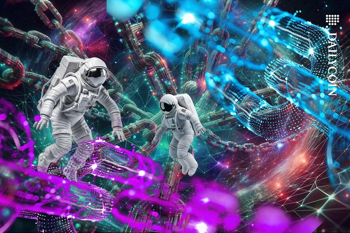 Astronauts floating around between a complex net of digital chains.