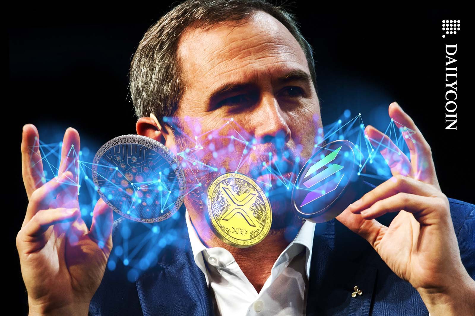 Brad Garlinghouse levitating an ADA, SOL and XRP coins between his hands.