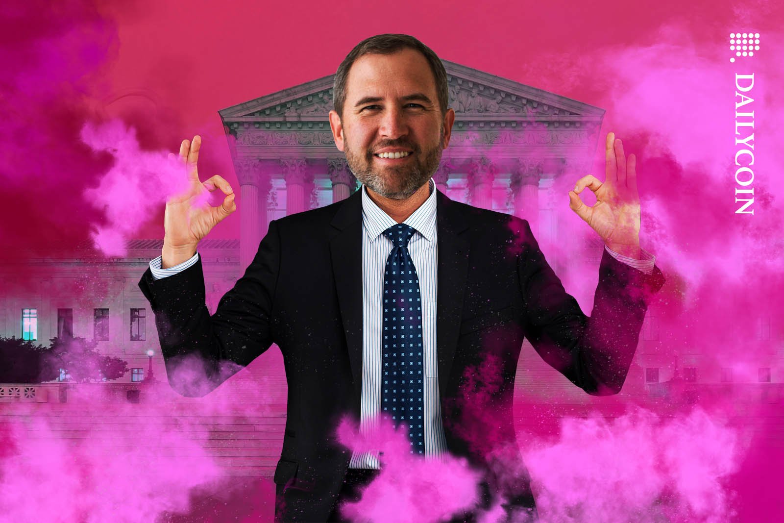 Brad Garlinghouse looking very happy with a courthouse in the background and pink clouds.