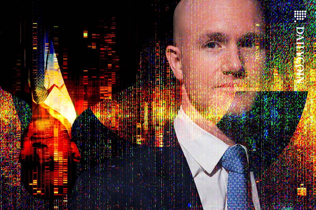Brian Armstrong in a digital glitch composition with the Coinbase logo.