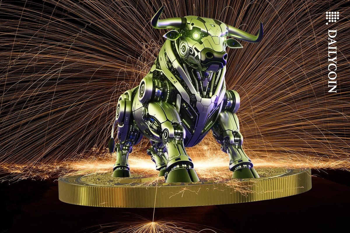 Robot bull standing on a huge golden coin with fireworks behind it.