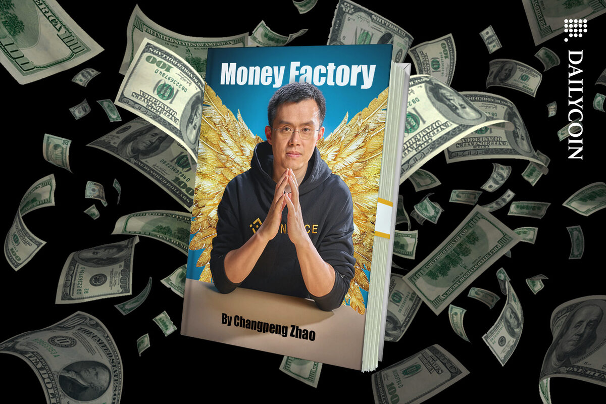 Changpeng Zhao's book called "Money Factory" being presented in an explosion of money.