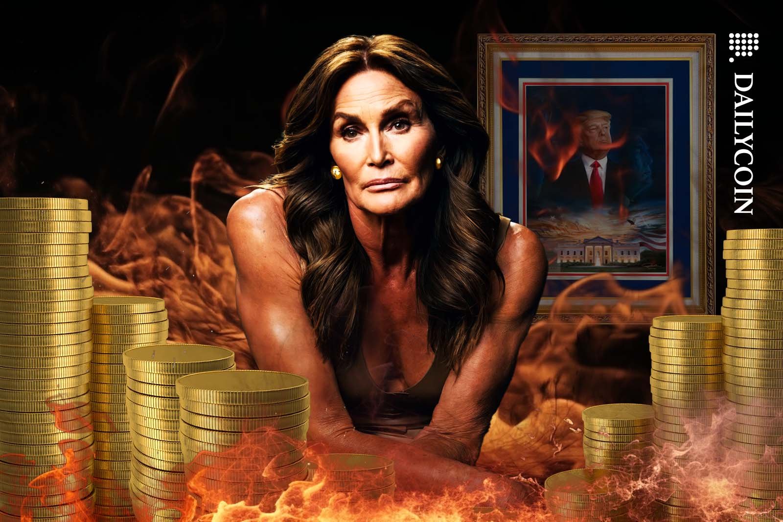 Caitlyn Jenner surrounded by golden coins and fire, with a Trump painting in te background.