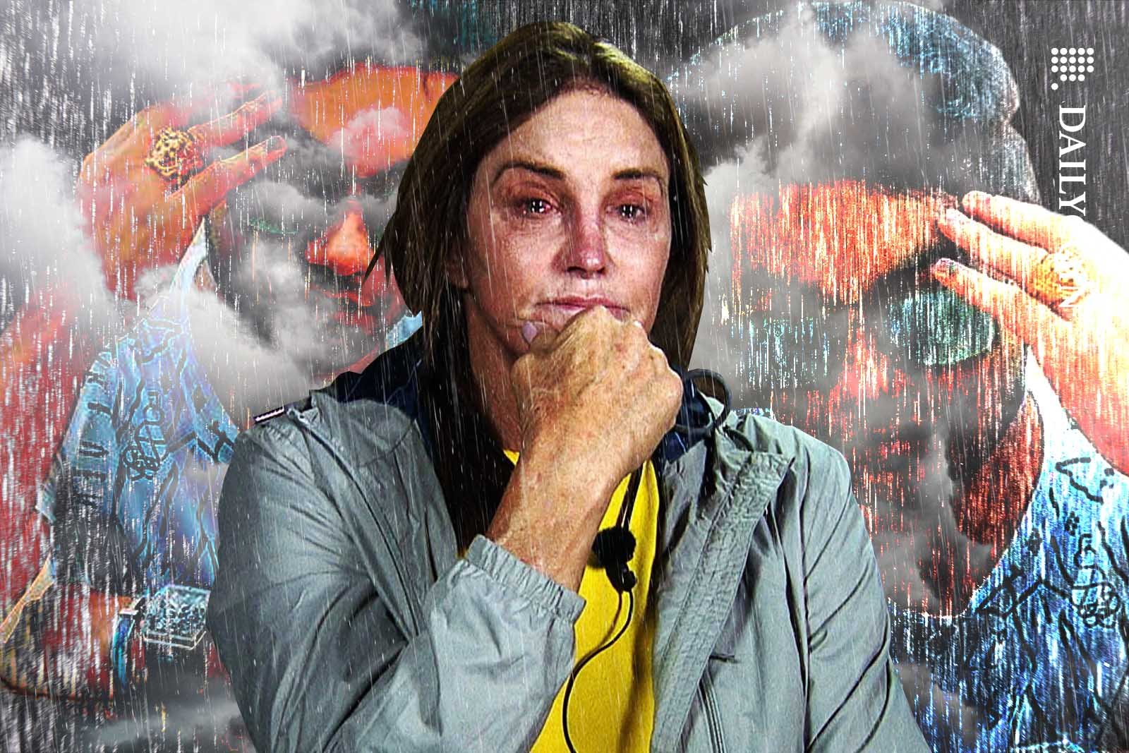 Caityn Jenner crying in the rain with Sahil Arora in the background.