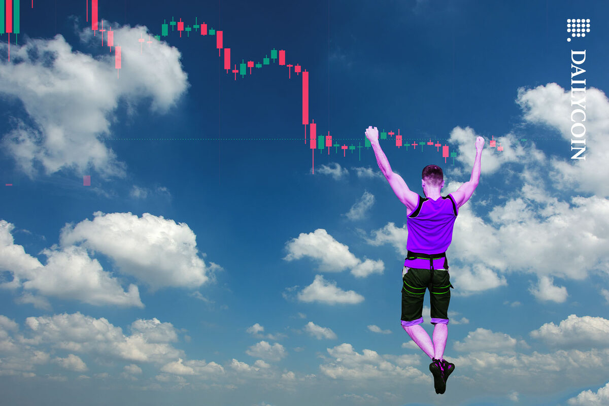 Man hanging on a crypto chart high in the sky.