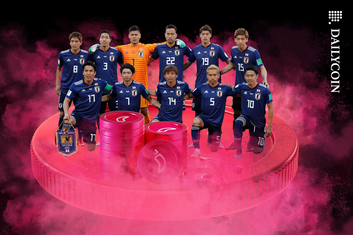 Japanese all-time greatest football team posing on a red coin.
