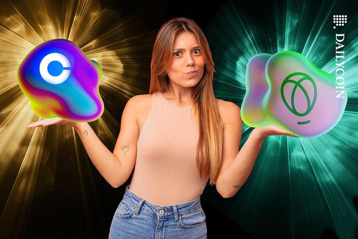 Confused young woman presenting two iridescentl 3D shapes, one with a Coinbase logo and one with an Uphold logo.