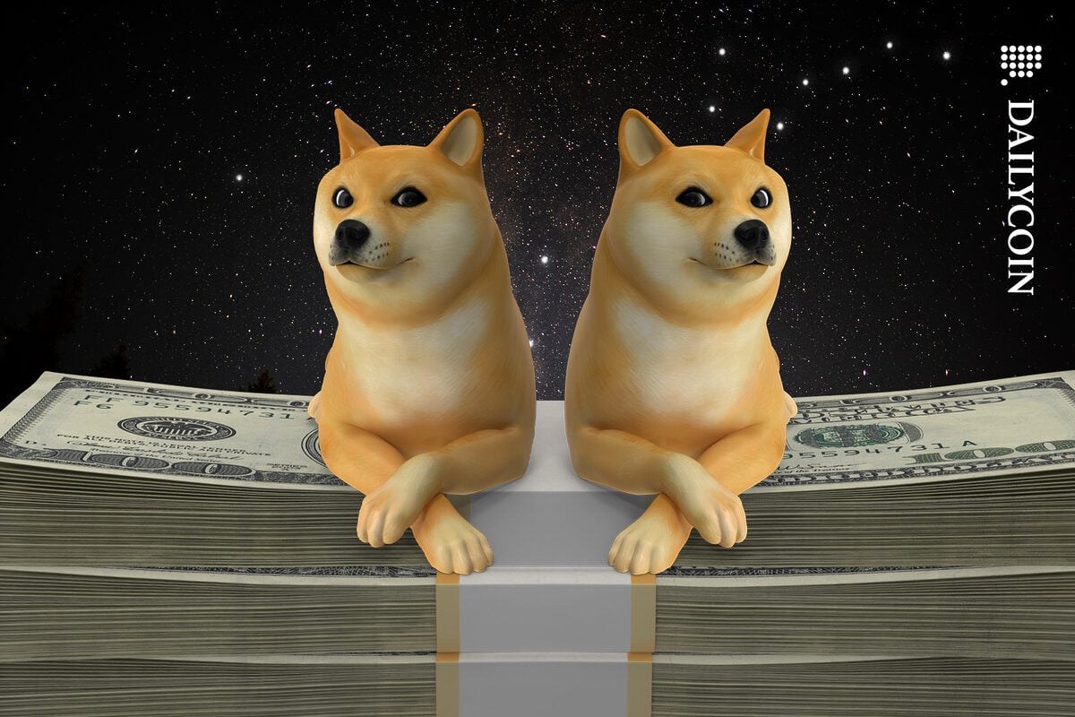Two dogecoin dogs sitting on a pile of money.