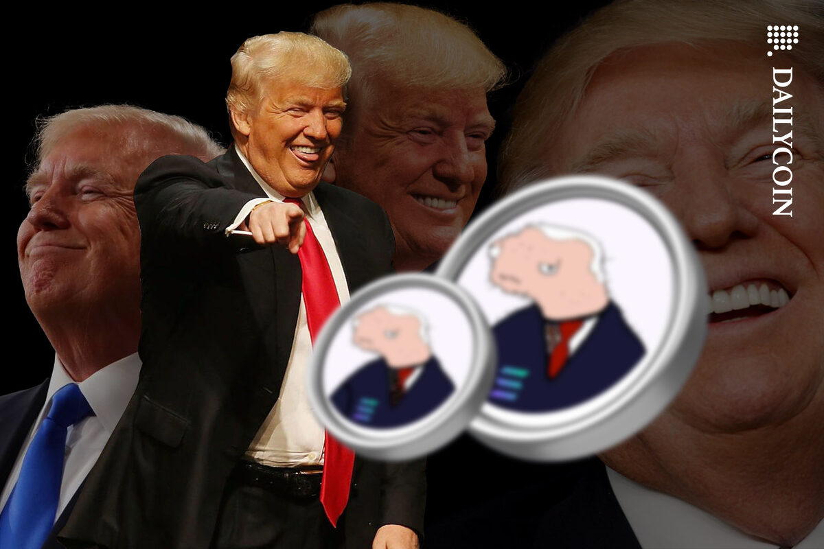 Multiple Trumps pointing and laughing at a couple of BODEN coins.