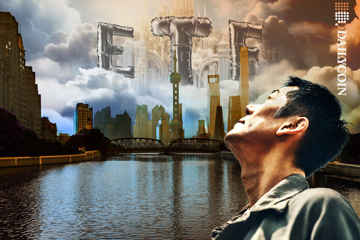 Chinese man in Shanghai looking up the sky staring at an emerging ETF kingdom.